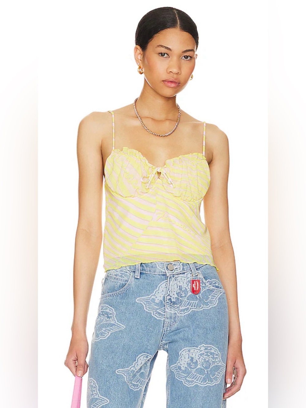 FIORUCCI Wave Print Balconette Mesh Top in Yellow, Size M